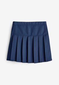 Gonna plissettata blu navy con fascia in vita liscia, caratterizzata da pieghe verticali distanziate uniformemente e chiusura con zip sul lato.