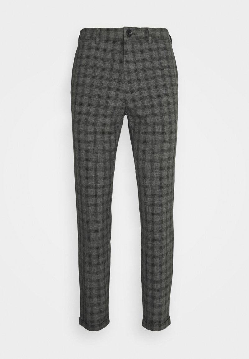 Pantalon slim pour homme en gris foncé avec un motif à carreaux noirs subtil, fermeture à boutons sur le devant et ourlets retroussés.