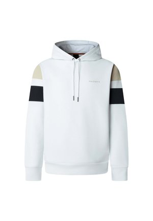 Weißer Hoodie mit beigen und schwarzen Streifen an den Ärmeln, Kordelzügen an der Kapuze und kleinem "Hackett"-Logo auf der Brust.