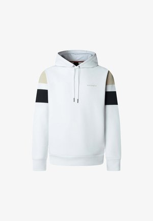 Bílá mikina s kapucí s béžovými a černými pruhy na rukávech, šňůrkami na kapuci a malým logem "Hackett" na hrudi.