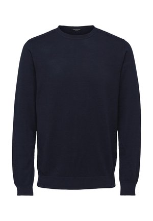 Donkerblauwe longsleeve trui met een ronde hals, gemaakt van zachte stof. Bevat ribgebreide boorden en onderkant voor een aansluitende look.