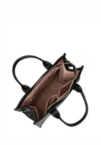 Borsa tote in pelle nera con manici doppi, dotata di chiusura con zip e fodera in tessuto beige. L'interno include numerosi scompartimenti.