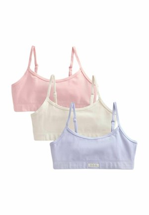 Trei bralette-uri din bumbac în culorile roz, alb și violet deschis; au curele ajustabile și un mic etichetă cu logo cu iconițe în formă de inimă pe față.