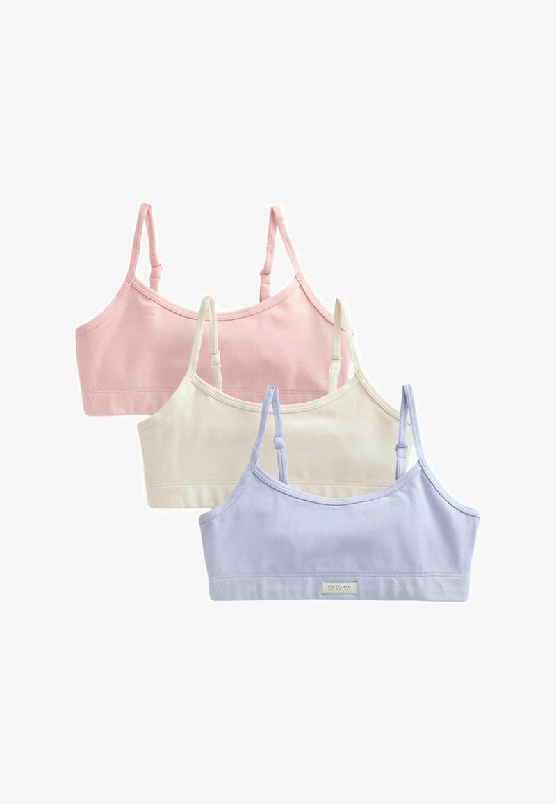 Trzy braletki w kolorach różowym, białym i jasnopurpurowym z bawełny; mają regulowane ramiączka oraz małą metkę z logo z sercami z przodu.