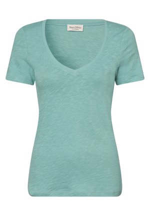 Vaaleanturkoosi naisten lyhythihainen V-kaula-aukkoinen T-paita, jossa on hienovarainen rakenteinen kangas ja Marc O'Polon merkintä kaulan sisäpuolella takana.