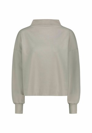 Hellgrauer Langarm-Pullover mit hohem Kragen und gerippten Bündchen, Rückansicht vor weißem Hintergrund.