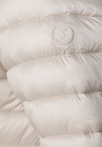 Beige gesteppte Pufferjacke mit glatter, glänzender Textur und einem kreisförmigen "Save the Duck"-Logo in sanften Farben.