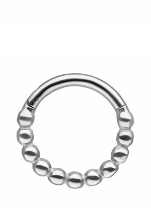 Silver hoop earring with a beaded design along the lower half and a smooth clasp closure at the top.