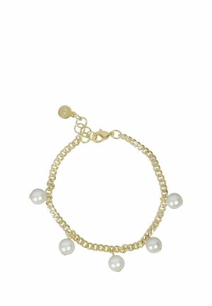 Gold chain bracelet with five evenly spaced white pearl charms and a small round gold tag near the clasp on a white background.