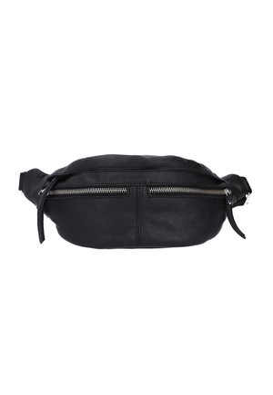 Black leather waist bag with two horizontal zippered compartments and adjustable strap on a white background.