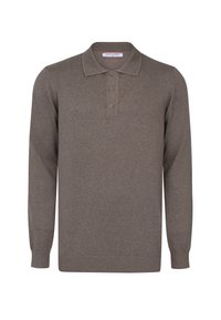 Bruine gebreide longsleeve polo met een geribde kraag, een drie-knops sluiting en zijsplitsingen aan de zoom. Zachte textuur.