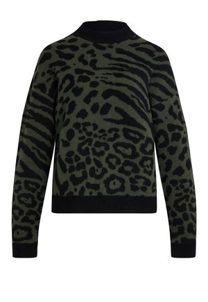 Maglione a maglia con corpo verde e motivi di animal print neri, scollo rotondo e polsini e orlo neri a costine.