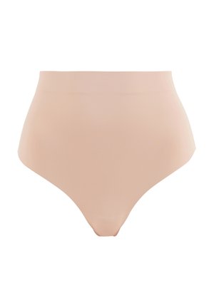 Hochtaillierter Bikini in einem Nude-Ton, aus glattem, elastischem Material ohne sichtbare Nähte und mit nahtlosem Design für ein elegantes Erscheinungsbild.