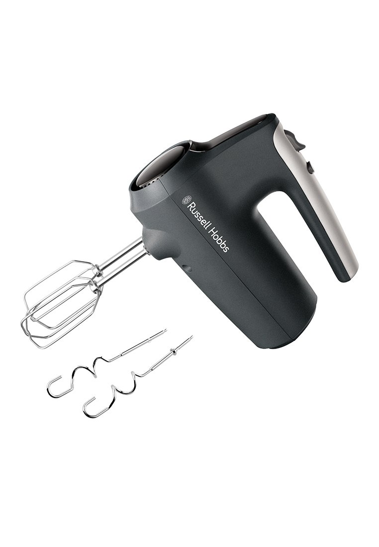 Elektrisk handvisp i svart med silverdetaljer, utrustad med två kromade vispar och två krokar för blandning, som visar en snygg ergonomisk design.
