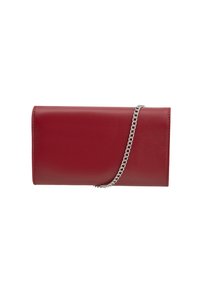 Portafoglio in pelle rossa con texture liscia, forma rettangolare e una tracolla in catena argento. Design minimalista senza hardware visibile.