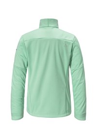 Mintgrüner Langarmjacke mit hohem Kragen. Glattes Material, Nahtdetails und kleines Logo auf der Rückseite. Keine sichtbaren Verschlüsse oder Taschen.