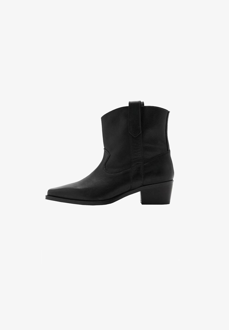 Black leather ankle boots with a pointed toe, low block heel, side pull tab, and curved stitching detail. Smooth texture and structured design.