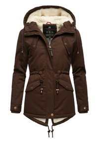 Brown parka jacket with a fur-lined hood, drawstring waist, two front pockets, and a zip closure. Features a textured outer material.