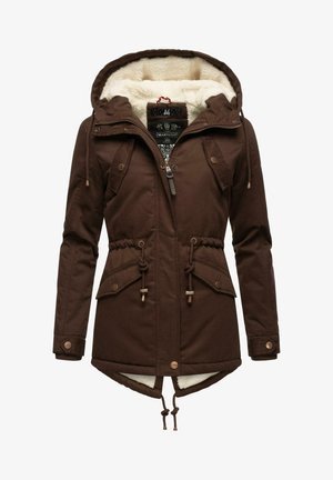 Brown parka jacket with a fur-lined hood, drawstring waist, two front pockets, and a zip closure. Features a textured outer material.