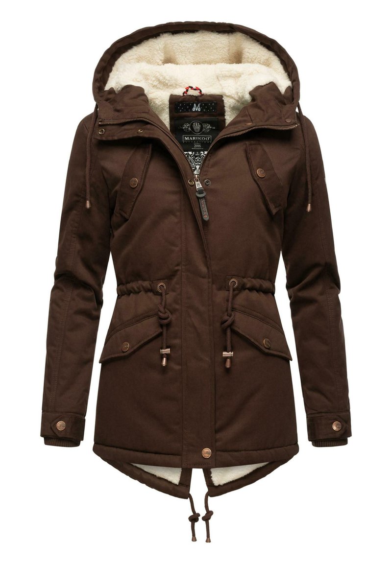 Brown parka jacket with a fur-lined hood, drawstring waist, two front pockets, and a zip closure. Features a textured outer material.