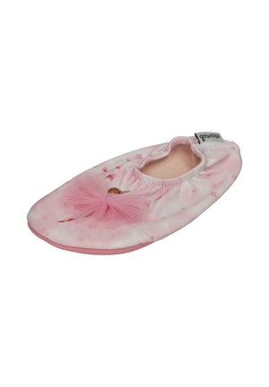 Pink ballet-style slipper with elastic opening, tulle decoration on top, and small printed fairy design on fabric.