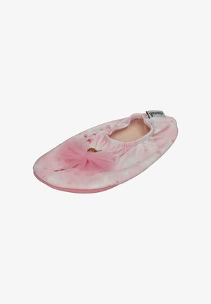 Pink ballet-style slipper with elastic opening, tulle decoration on top, and small printed fairy design on fabric.