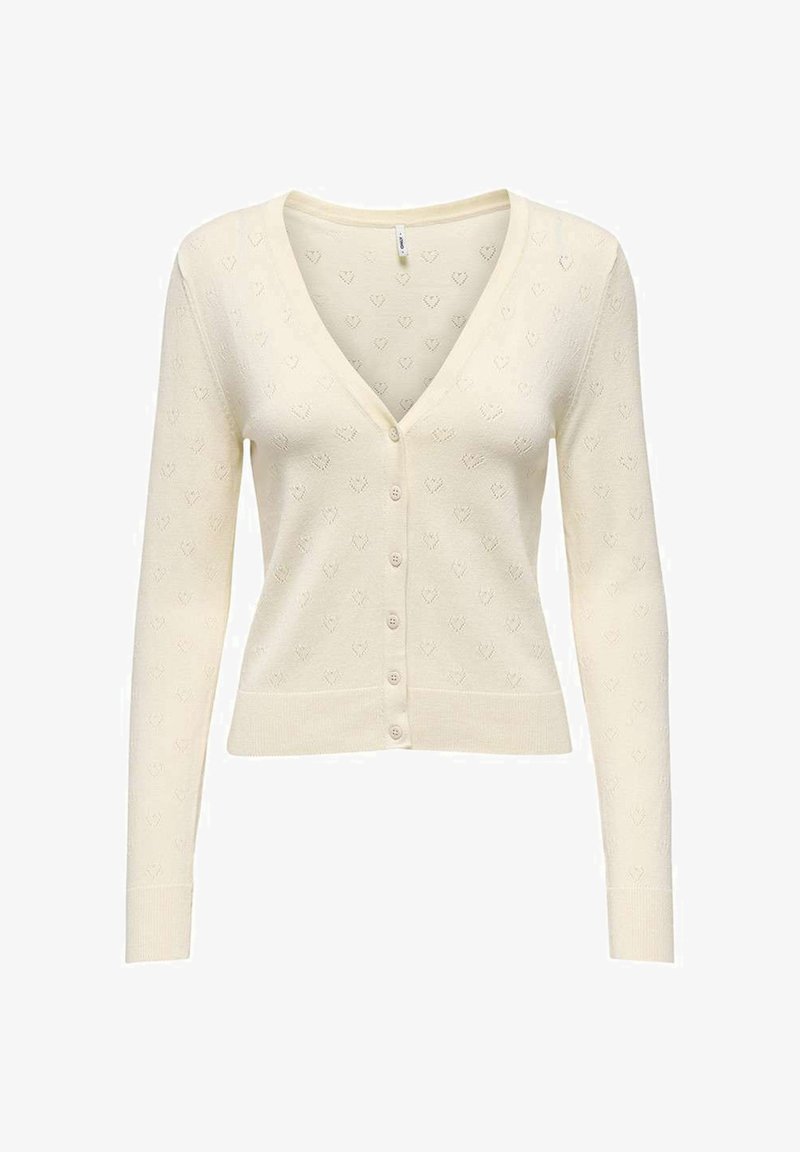 Cardigan crème à manches longues, boutonné, avec col en V et motif subtil en forme de cœur tricoté sur l'ensemble du tissu.