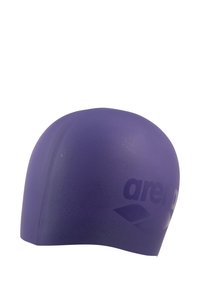 Purppuranvärinen silikoniuintikypärä, jossa on sileä pinta, pyöreä muoto ja huomaamattomat rei'itykset. Varustettu mustalla painetulla logolla.