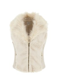 Gilet in faux fur color crema con un corpo di tessuto testurizzato. Presenta un ampio colletto, chiusura frontale con zip e tasche laterali con zip. Morbido e accogliente.