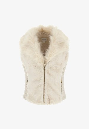 Faux fur vest in cream with a textured fabric body. Features a wide collar, front zipper closure, and side zip pockets. Soft and cozy.