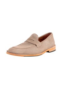 Beige Wildleder Mokassins mit gesticktem Vorderblatt, Lederfutter und einer Gummisohle, die einen kontrastierenden braunen Abschnitt an der Ferse aufweist.