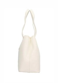Borsa bianca con una forma strutturata, caratterizzata da una texture a granuli, due manici allungati e una chiusura con zip nella parte superiore.