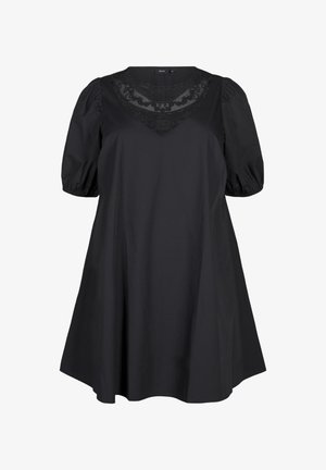 Black short-sleeve dress with puffed sleeves and floral lace detail on a sheer V-neck panel, loose fit, and above-knee length.