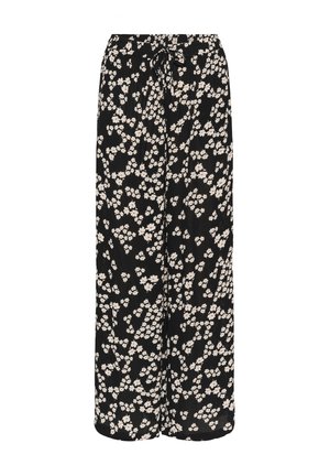 Pantalon large en tissu noir léger, avec un motif floral blanc, taille élastique avec cordon de serrage et coupe décontractée.
