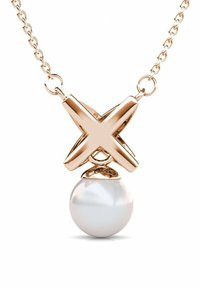 Collana in oro rosa con un pendente geometricamente a forma di X e una perla bianca liscia sottostante. Il design a catena valorizza l'eleganza e la semplicità.