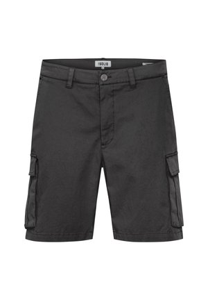 Black cargo shorts made of lightweight fabric, featuring side pockets, a button front, and stitched details.