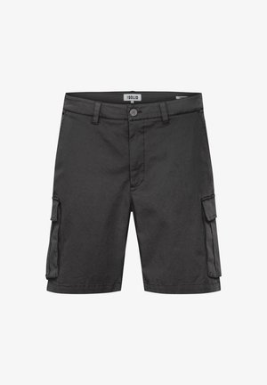 Crne cargo kratke hlače napravljene od lagane tkanine, s bočnim džepovima, prednjim gumbom i šivenim detaljima.