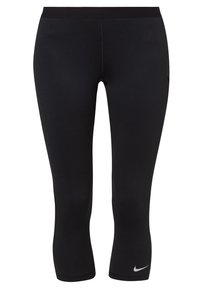 Schwarze Capri-Leggings aus dehnbarem Material, mit einem breiten Bund und einem kleinen silbernen Nike-Logo am unteren Bein.