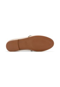 Light beige sandal with a smooth leather upper, solid brown rubber sole, and decorative metallic buckle detailing along the strap.