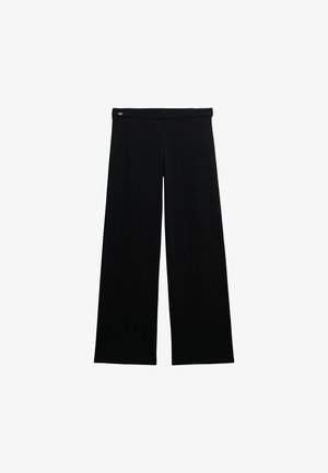 Sorte bukser med vide ben, elastisk talje, flad front og glat stof, lagt fladt ud på en hvid baggrund.