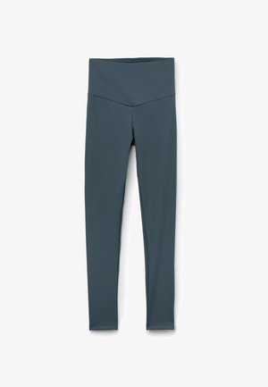 Legginsy z wysokim stanem, wykonane z miękkiego i elastycznego materiału w stonowanym odcieniu teal. Posiadają szwy w talii i dopasowany krój.