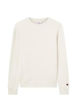 Off-white crewneck sweatshirt met lange mouwen, kleine Champion "C" logo's op de borst en de linkermouw, geribbelde manchetten en zoom.