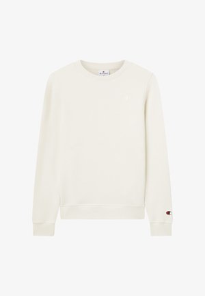 Sudadera de cuello redondo color blanco roto con mangas largas, pequeños logotipos de "C" de Champion en el pecho y en la muñeca izquierda, puños y dobladillo acanalados.