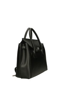 Borsa a mano in pelle nera con forma strutturata, doppio manico superiore, chiusura a scatto e lati texturizzati. Finitura liscia con accenti sottili.