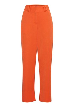 Pantaloni su misura arancioni con vita alta, caratterizzati da un frontale piatto, leggere fessure alle caviglie e una texture liscia.