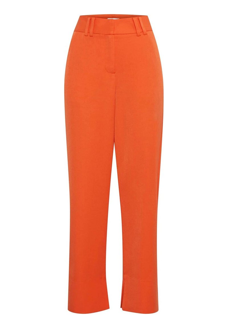 Pantaloni su misura arancioni con vita alta, caratterizzati da un frontale piatto, leggere fessure alle caviglie e una texture liscia.