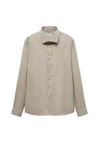 Chemise à manches longues beige clair en tissu texturé, dotée d'un col classique, de boutons sur le devant et d'un ourlet incurvé.