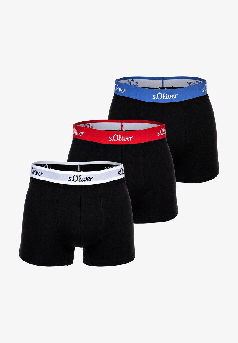 Schwarze Boxershorts mit elastischen Taillenbünden in Rot, Blau und Weiß, die den Markennamen "s.Oliver" auf jedem Bündchen tragen. Weiches Baumwollmaterial.