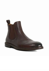 Brown leather Chelsea boot with elastic side panels, rounded toe, and back pull tab. Sturdy sole with visible stitching detail.