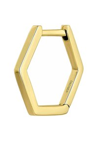 Pendiente de aro hexagonal dorado con una superficie pulida y un diseño geométrico. Presenta una bisagra para un cierre fácil. Textura metálica suave.